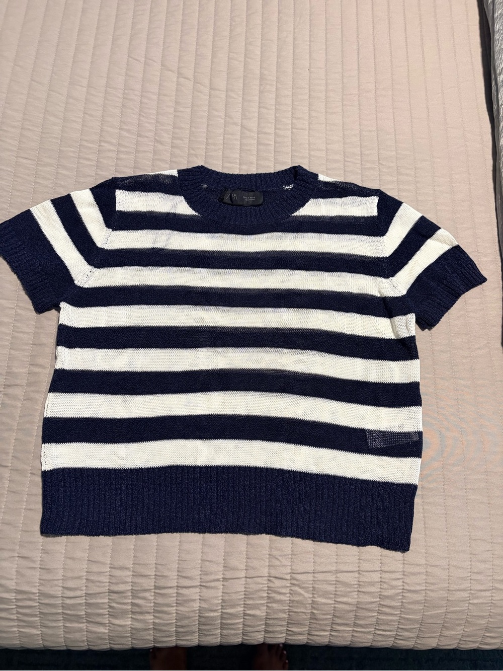 Zara Navy and White Striped Short Sleeve Summer Top